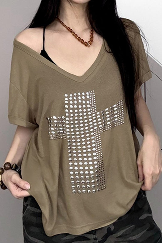 Street Cross Metallic Print Loose Casual T-shirt image 3