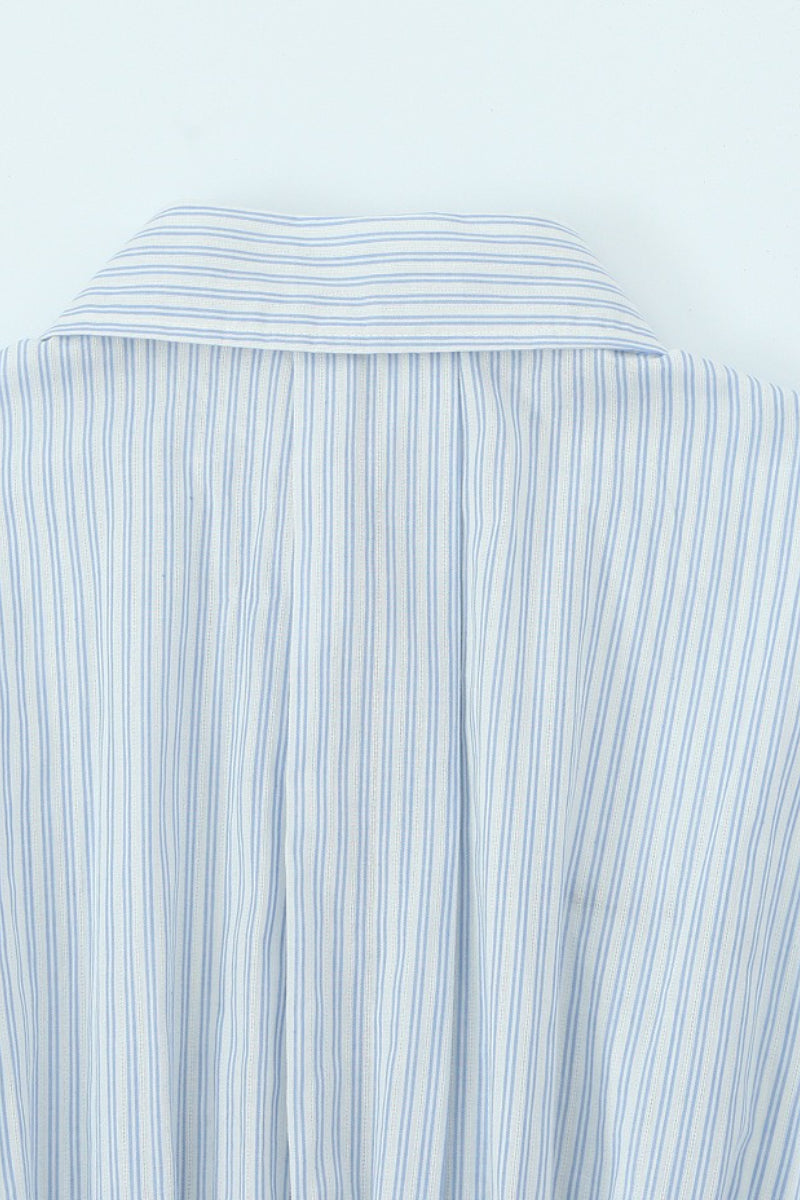 Striped Long Sleeve Shirt High Waist Tie Mini Skirt Set image 9