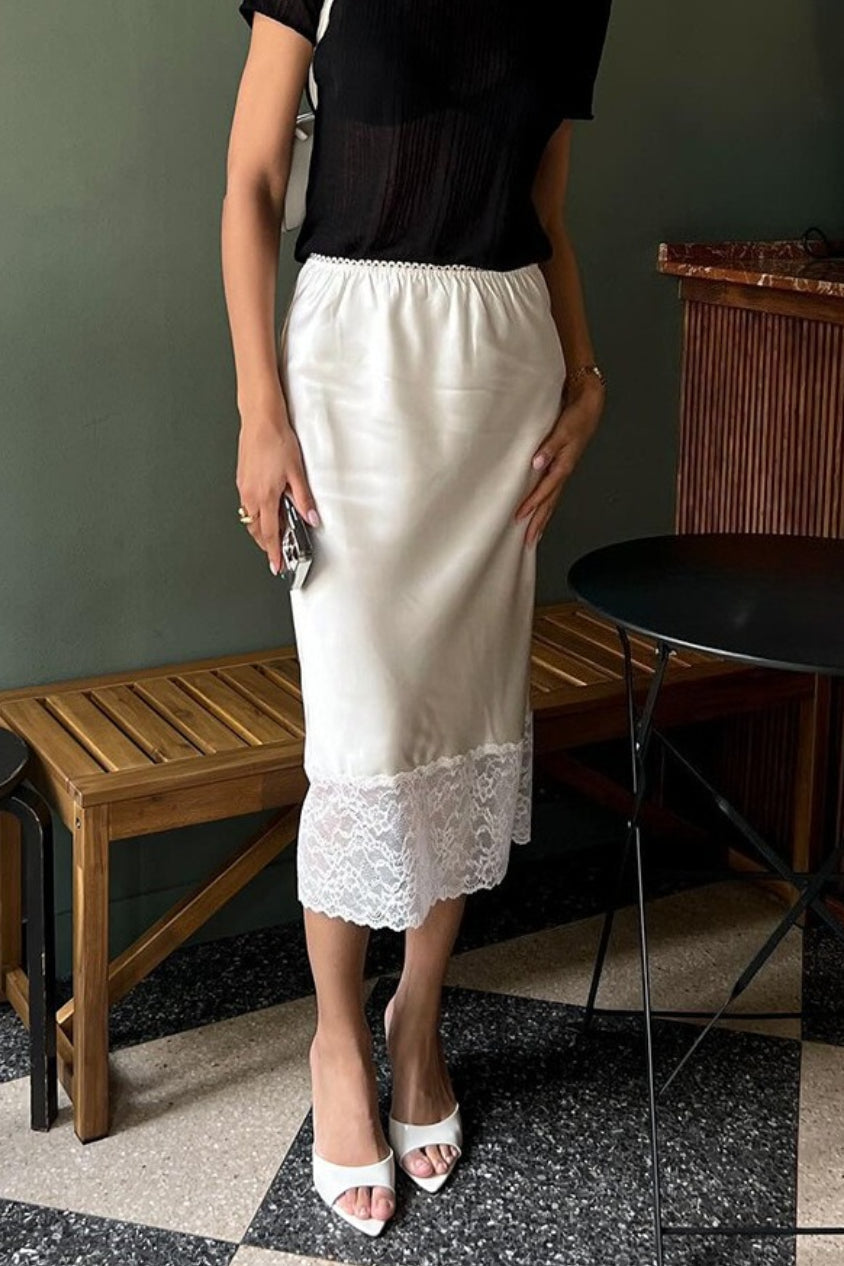 Solid Satin Lace Trim Bodycon Skirt image 1