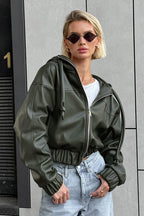 Black Faux Leather Hooded Loose Streetwear Jacket image 3