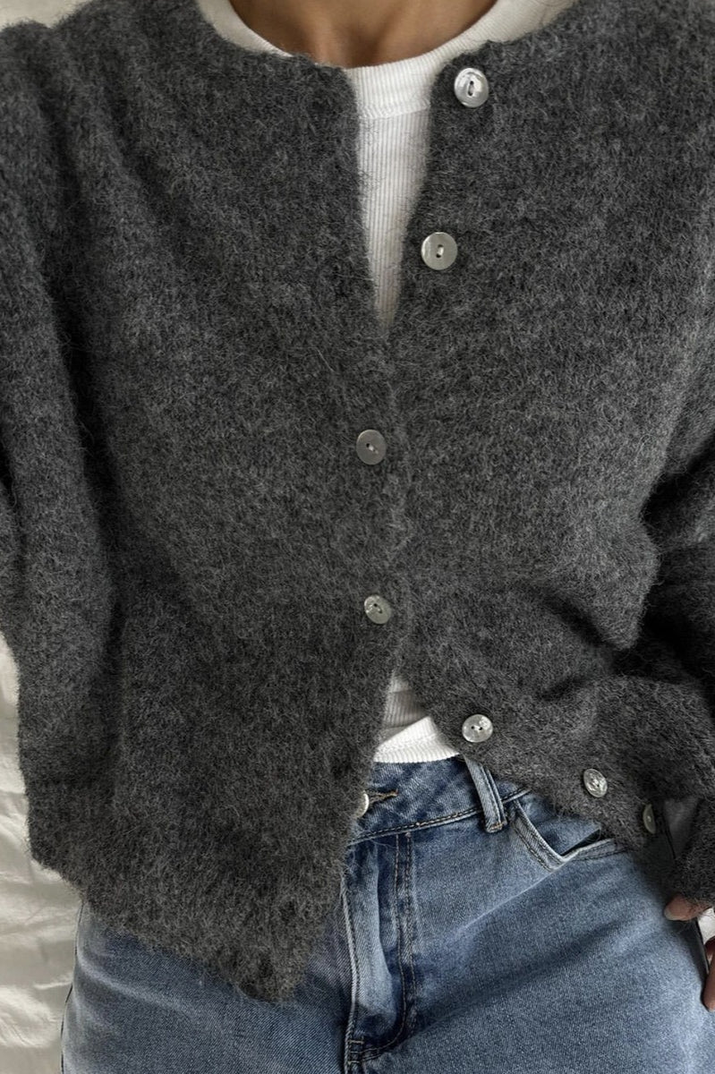 Soft Gray Vintage Shell-Button Knit Cardigan image 8
