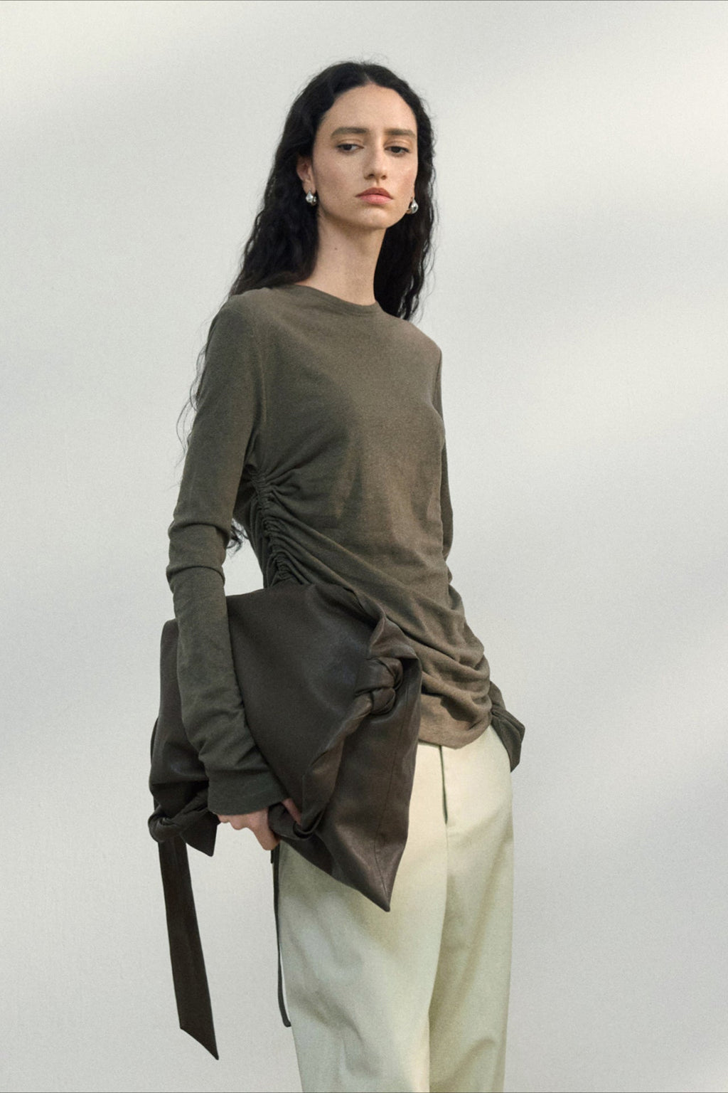 Fitted Textured Pleated Cotton Linen Knit Sweater image 1