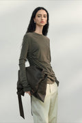 Fitted Textured Pleated Cotton Linen Knit Sweater image 1
