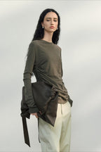Fitted Textured Pleated Cotton Linen Knit Sweater image 1