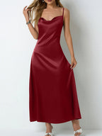 Paloma Satin Dress detail view styled for Avrienne