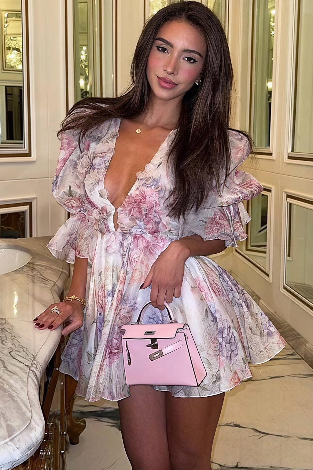 Elegant Floral Chiffon V Neck Mini Dress image 1
