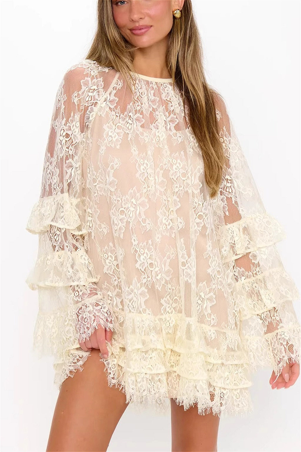 Lace Sheer Ruffle Cover Up Mini Dress image 2