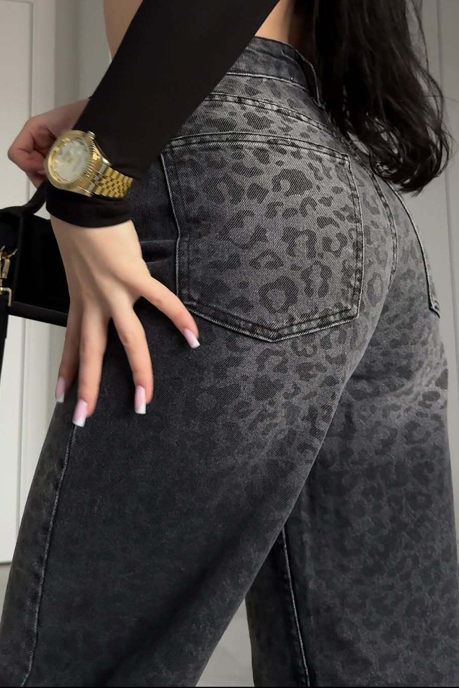 Black Grey Washed Leopard Print High Waist Jeans image 2