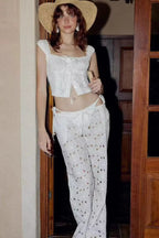 Chic White Floral Embroidery Relaxed Pants image 3