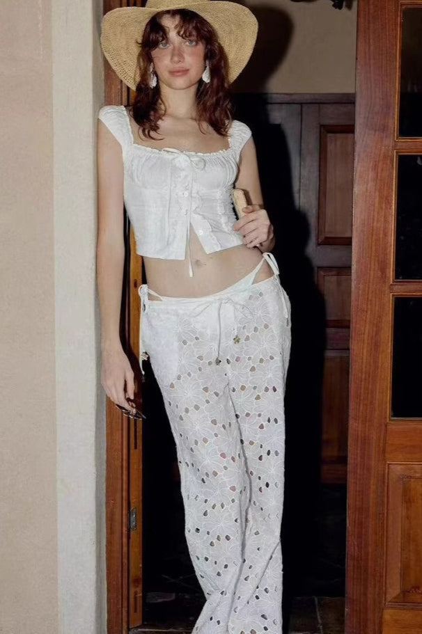 Chic White Floral Embroidery Relaxed Pants image 3