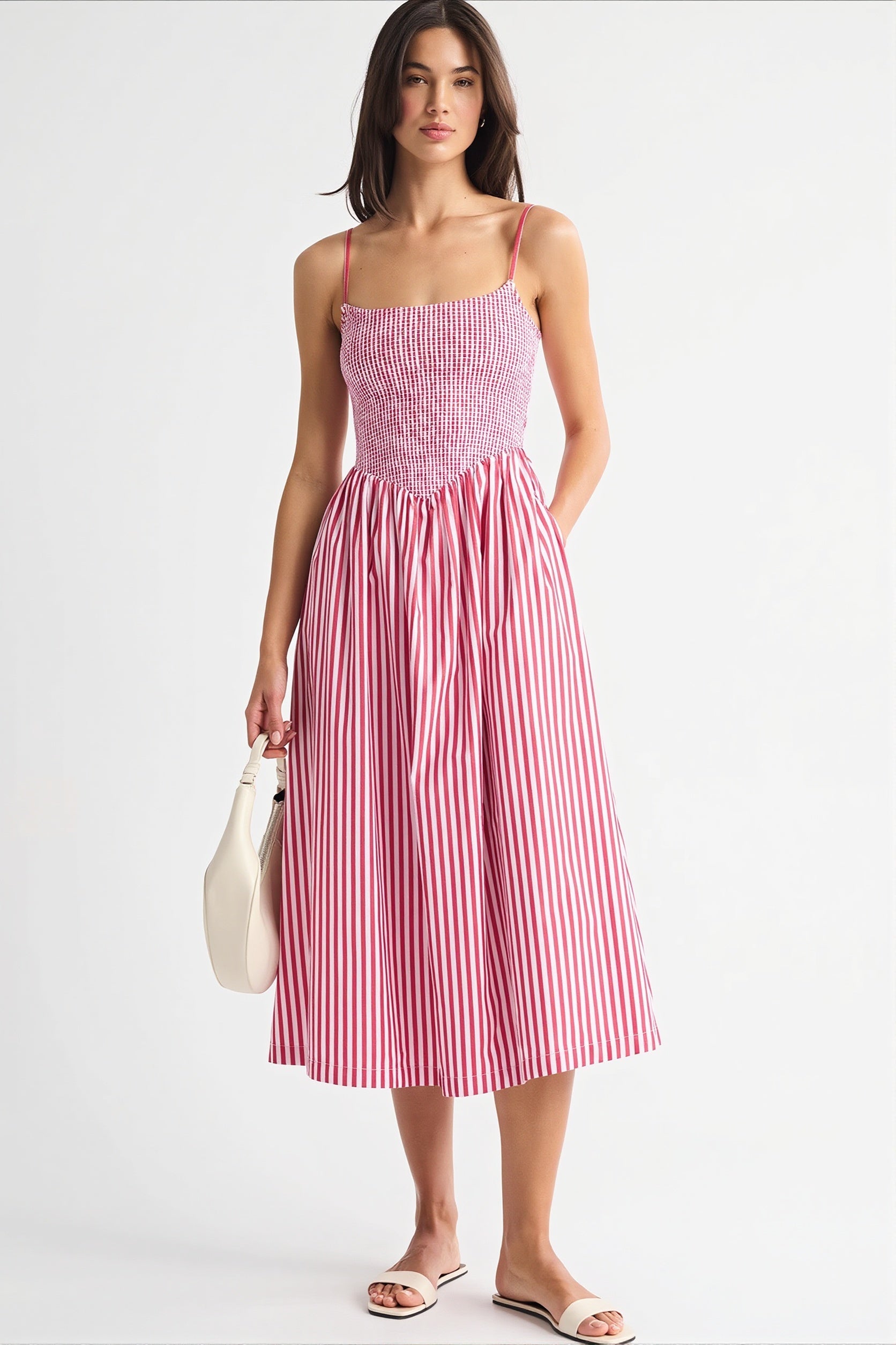 Striped Pocket A-Line Printed Midi Dress image 1