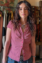 Vintage Red Plaid Polo Collar Button-Down Cropped Blouse image 3