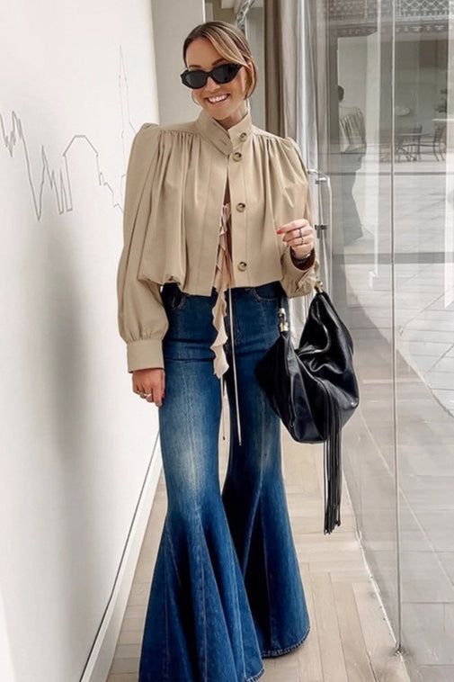 Short Khaki Puff Sleeve Trench Coat image 4