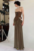 Tie Strapless High Waist Color Block Patchwork Maxi Dress image 5