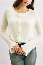 Slim-Fit 3D Floral Ruffled Pullover Knit Cardigan image 5