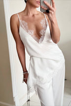 Sexy Satin V Neck Lace Slit Cami Top image 4