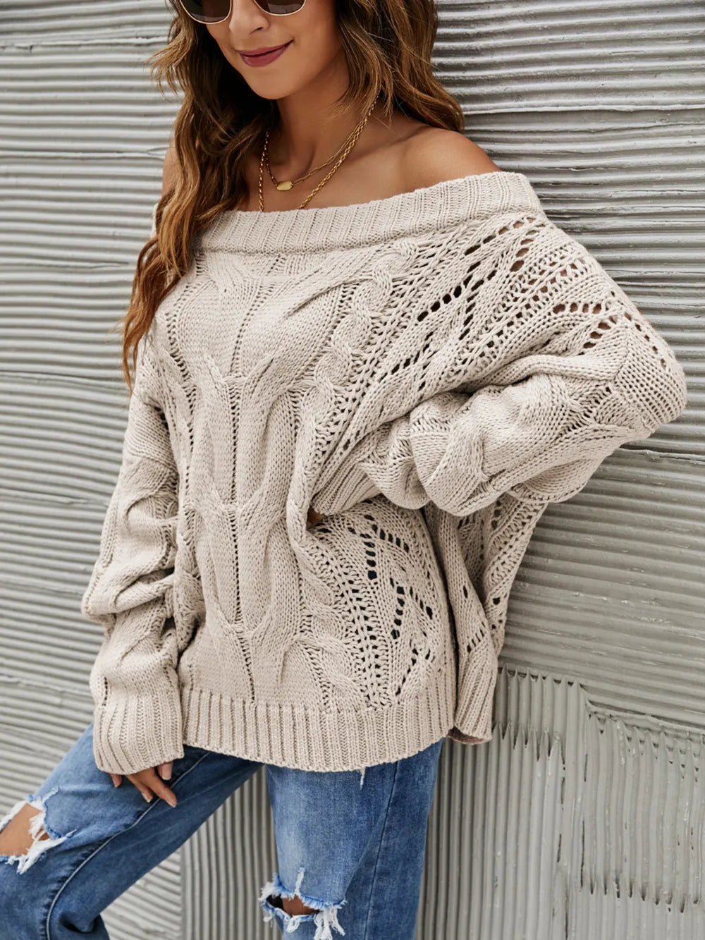 Sabine Off-Shoulder Sweater detail view styled for Avrienne