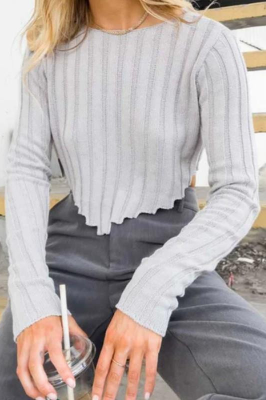 Solid Ribbed Cropped Knit Sweater image 2