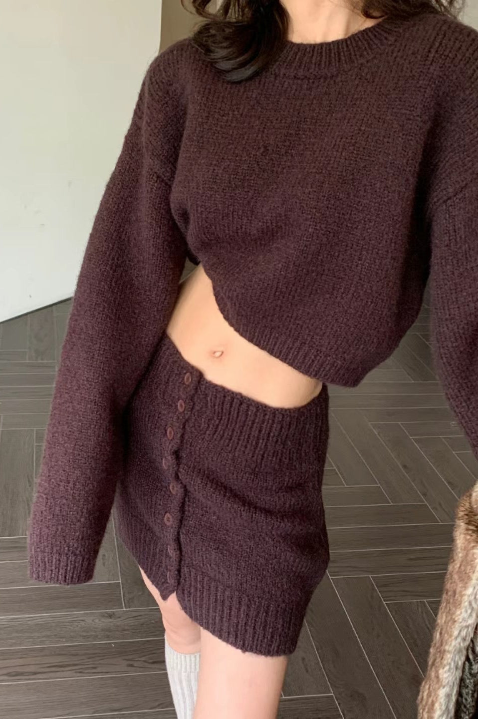Short Fitted Knit Round Neck Slim Two Piece Set image 2