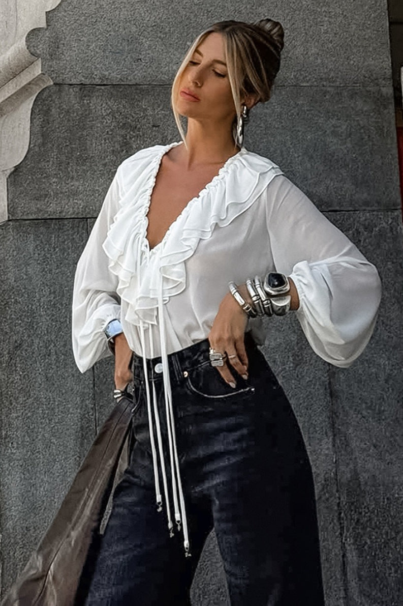 Vintage Ruffle Tie V-Neck Lantern Sleeve Blouse image 2