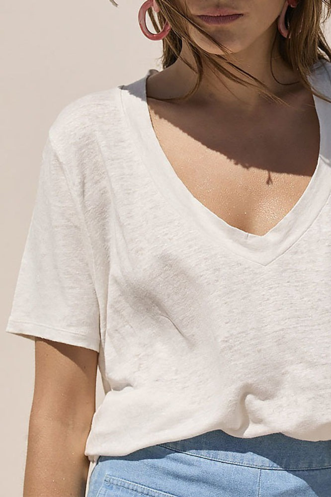 Minimalist Solid Deep V Neck Slub Cotton Loose T-shirt image 3