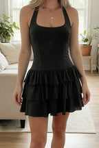 Solid Halter Neck A-Line Mini Dress image 4
