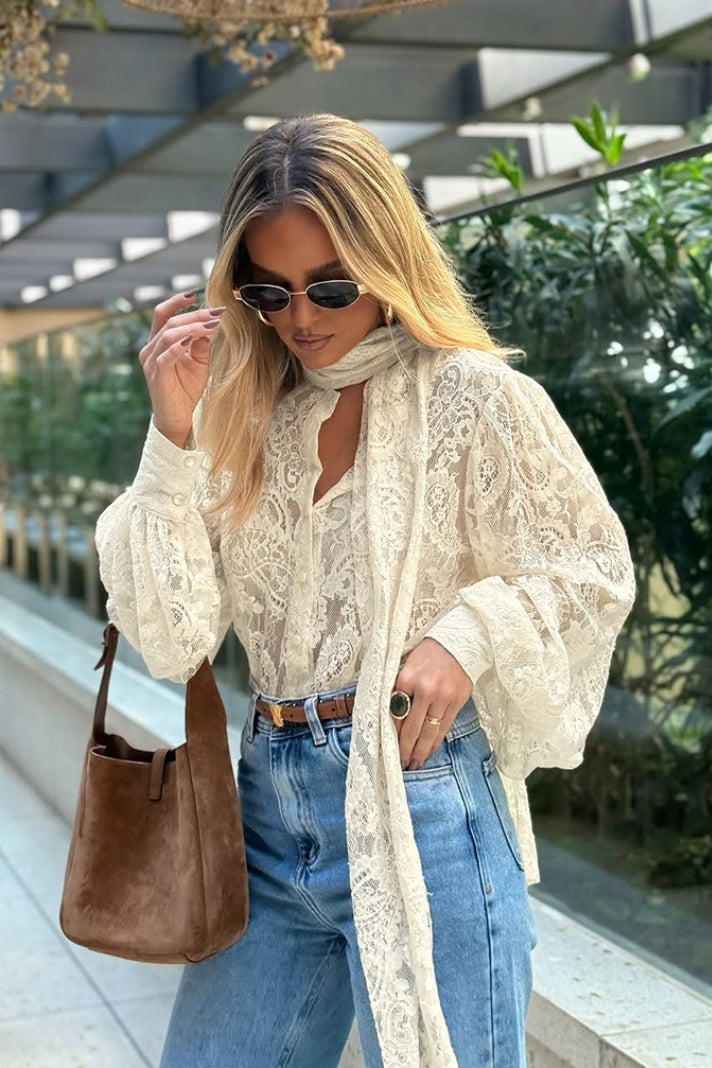 Elegant Tie Sheer Lace Long Sleeve Blouse image 4