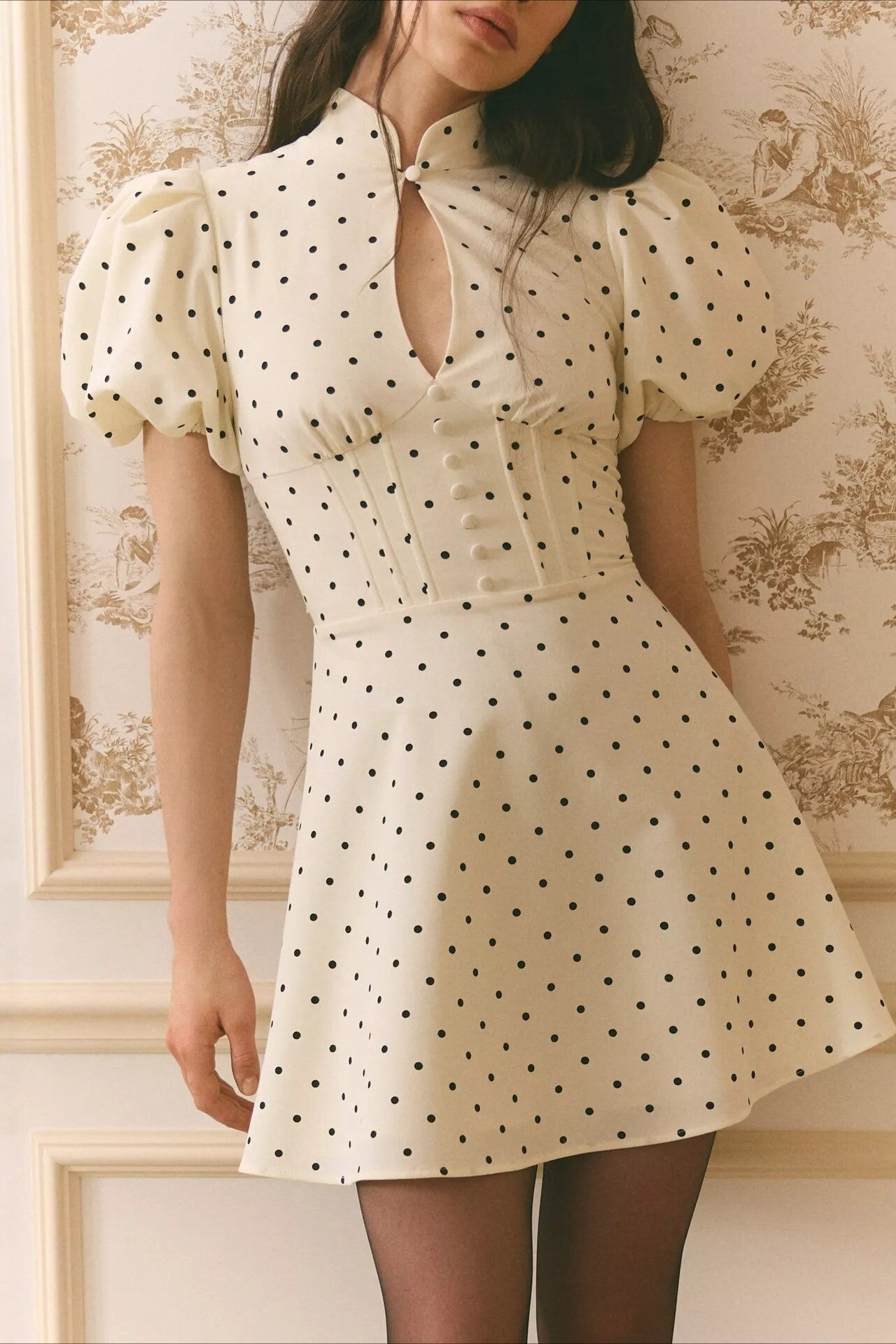 Elegant Stand Collar Dot Hollow Mini Dress image 1