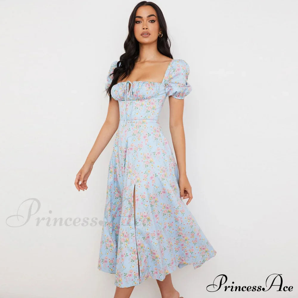 Daisy Printed Puff Sleeve High Classic Slit Smock Maxi Sundress - Green image 3