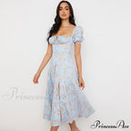 Daisy Printed Puff Sleeve High Classic Slit Smock Maxi Sundress - Green image 3