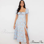 Daisy Printed Puff Sleeve High Classic Slit Smock Maxi Sundress - Green image 2