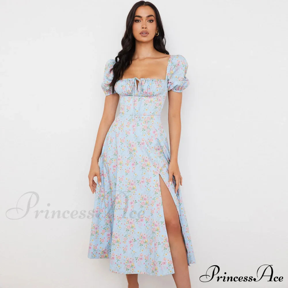 Daisy Printed Puff Sleeve High Classic Slit Smock Maxi Sundress - Green image 2
