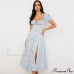 Daisy Printed Puff Sleeve High Classic Slit Smock Maxi Sundress - Green image 1
