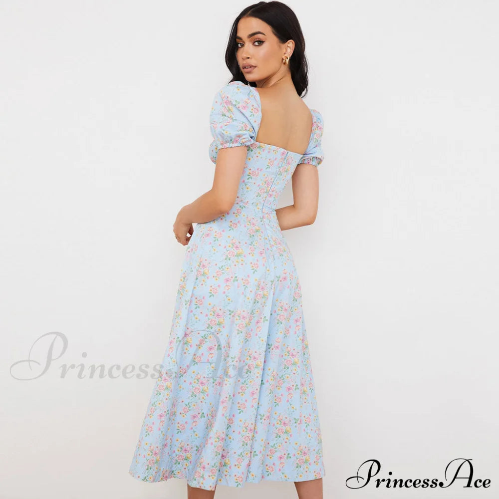 Daisy Printed Puff Sleeve High Classic Slit Smock Maxi Sundress - Green image 4