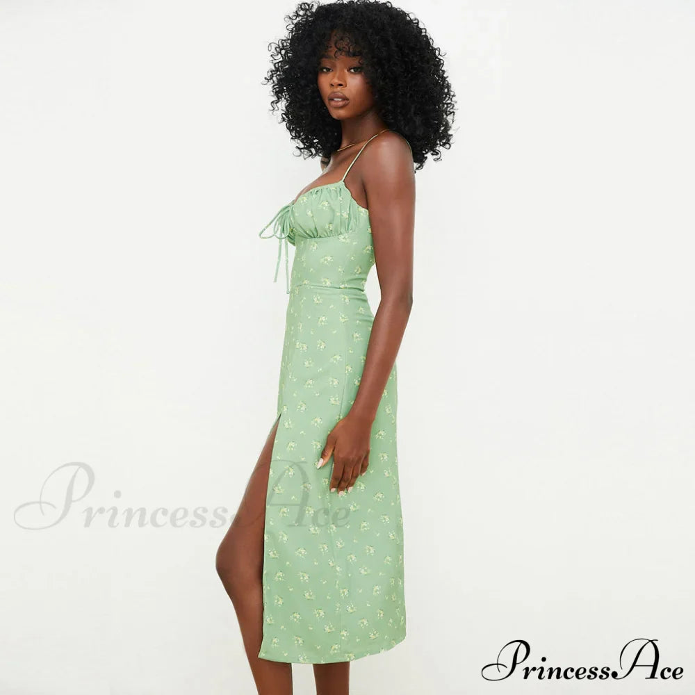 Daisy Printed Puff Sleeve High Classic Slit Smock Maxi Sundress - White image 2