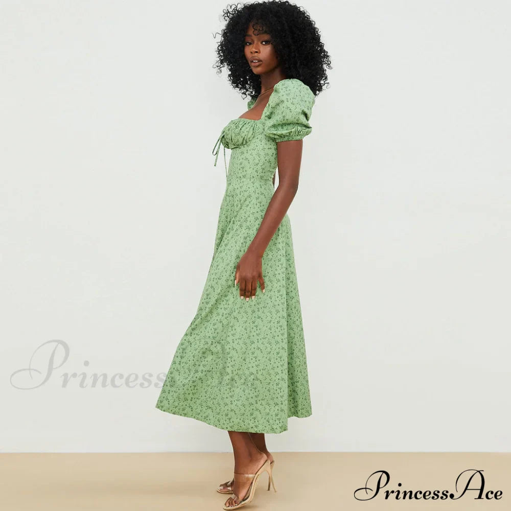 Daisy Printed Puff Sleeve High Slit Sophisticated Smock Maxi Sundress - Dark Yellow image 3