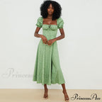 Daisy Printed Puff Sleeve High Slit Sophisticated Smock Maxi Sundress - Dark Yellow image 2