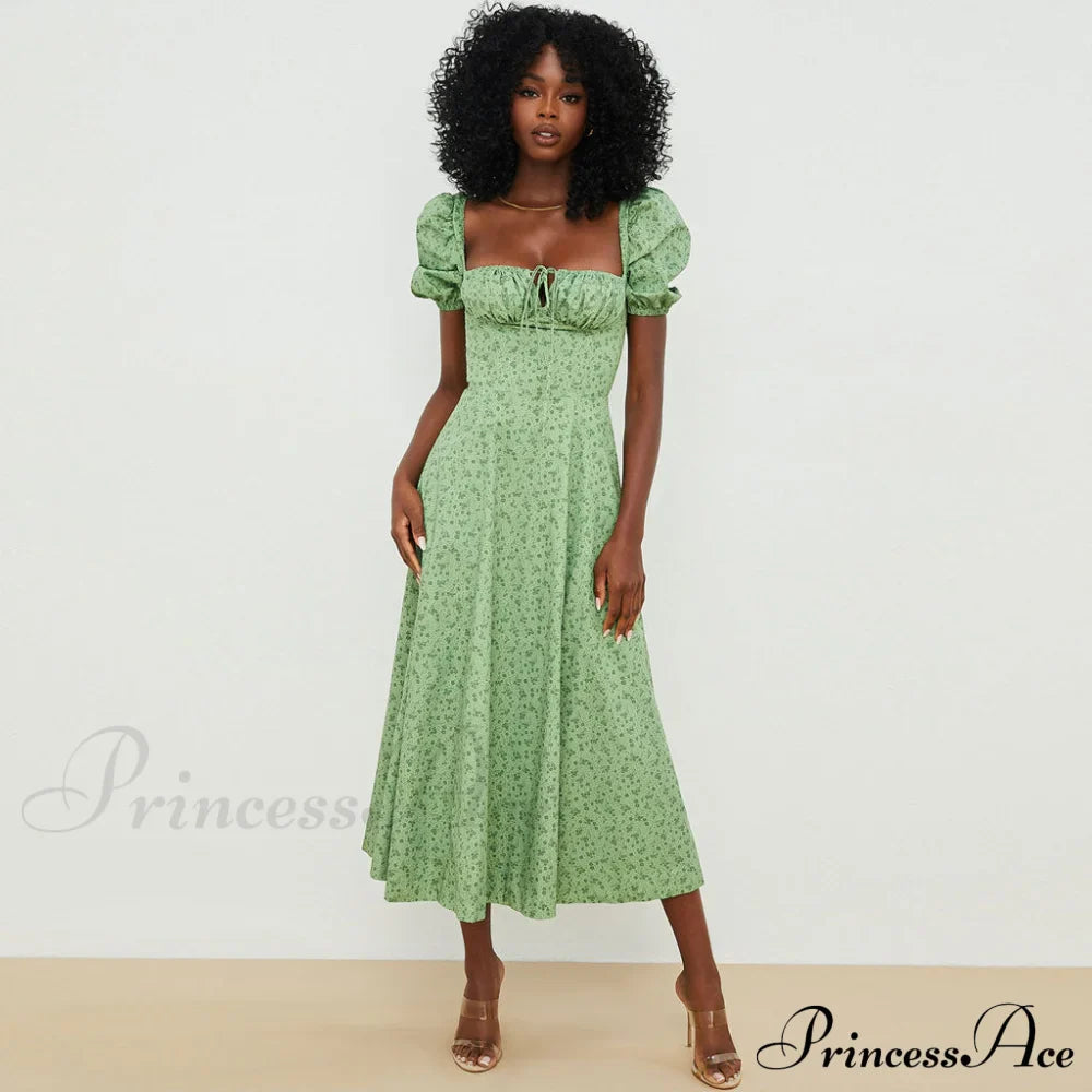 Daisy Printed Puff Sleeve High Slit Sophisticated Smock Maxi Sundress - Dark Yellow image 1