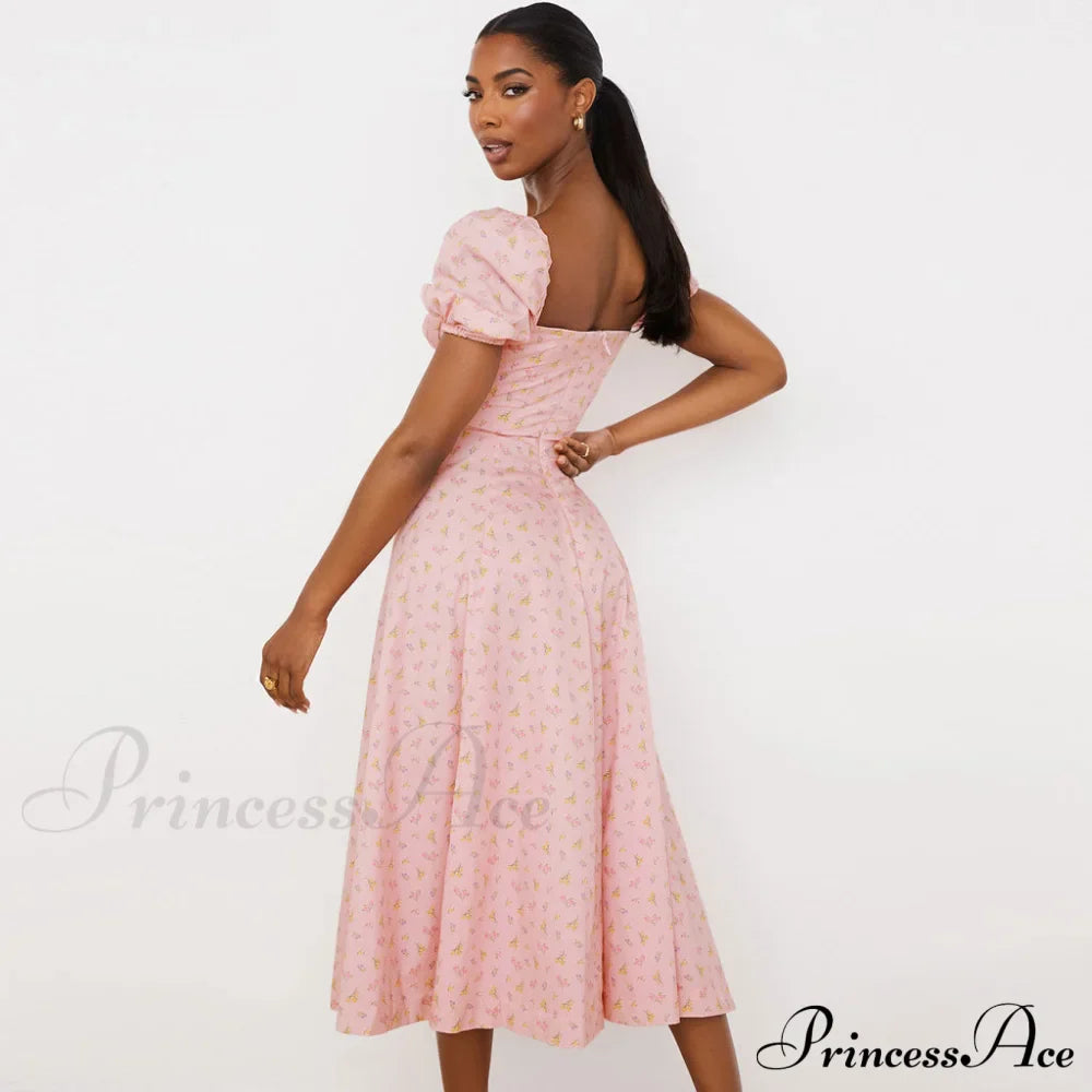 Daisy Printed Puff Sleeve High Slit Sophisticated Smock Maxi Sundress - Light Blue image 3