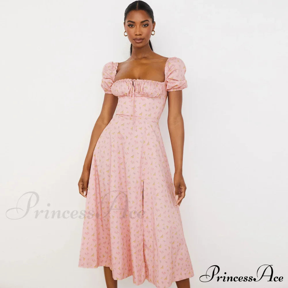 Daisy Printed Puff Sleeve High Slit Sophisticated Smock Maxi Sundress - Light Blue image 1