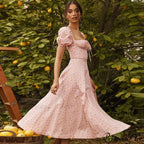 Daisy Printed Puff Sleeve High Slit Sophisticated Smock Maxi Sundress - Light Blue image 4