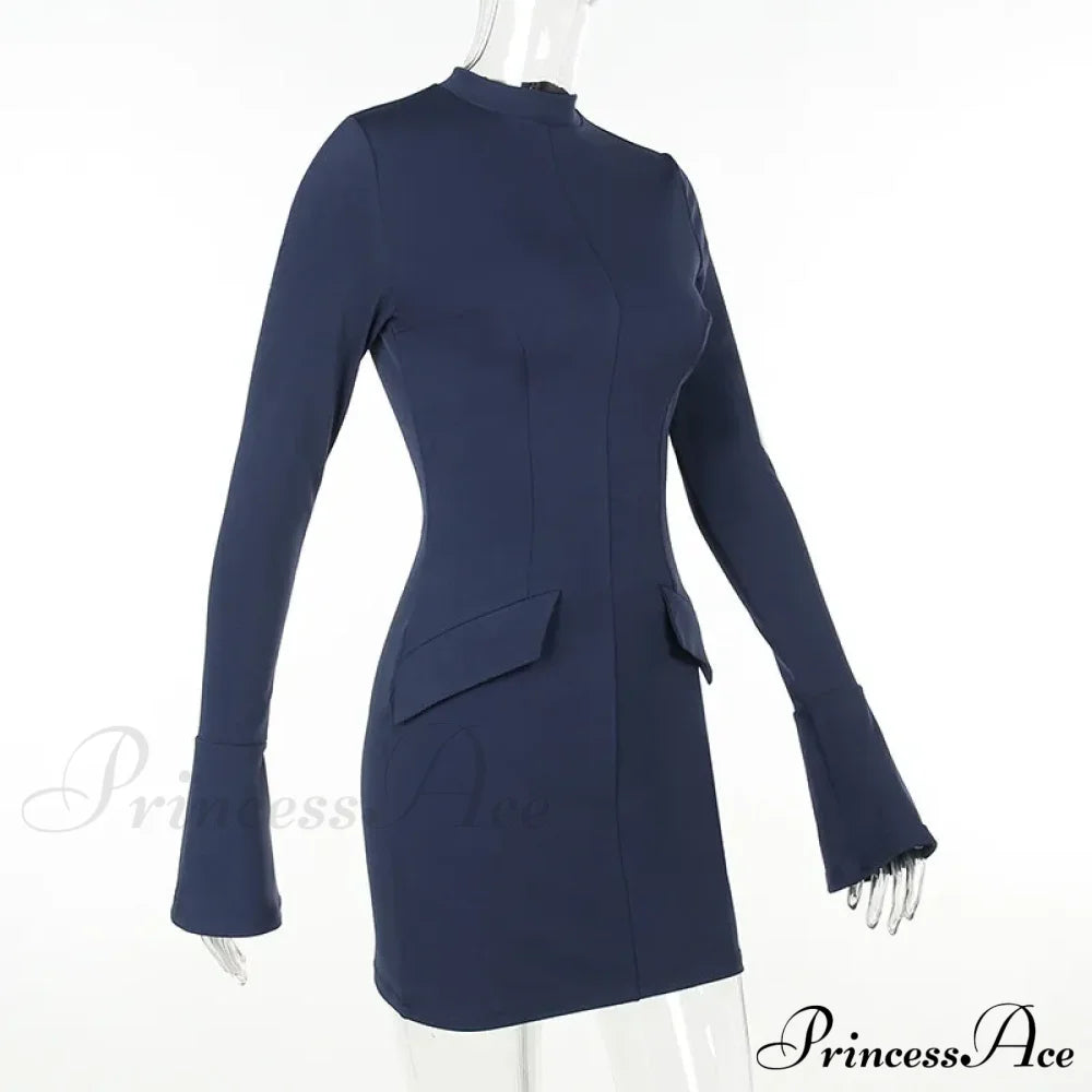 Dark Blue Long Charming Sleeve Bodycon Mini Dress image 9