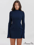 Dark Blue Long Charming Sleeve Bodycon Mini Dress image 3