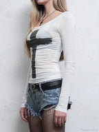 Dark Casual Printed Gothic Slim O-Neck Knit Top image 2