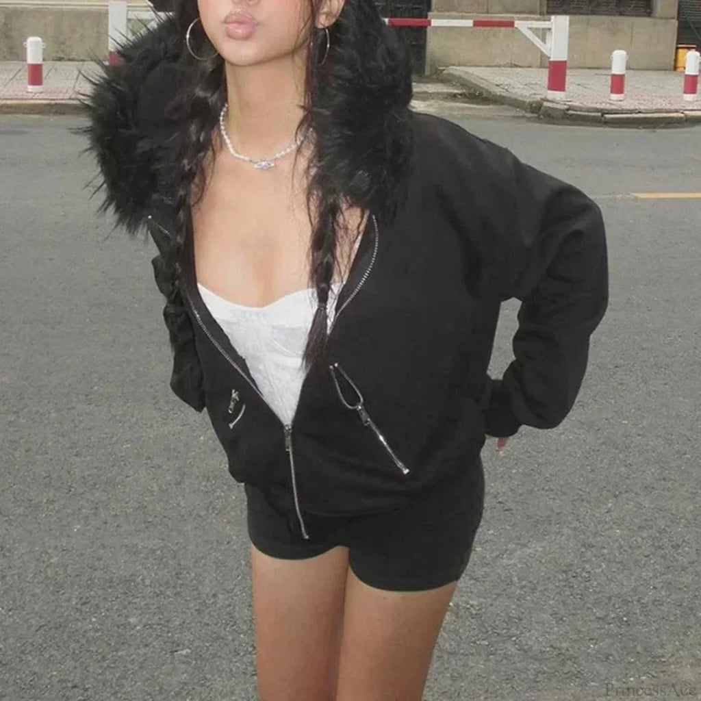 Dark Furry Collar Zip Hoodie image 4