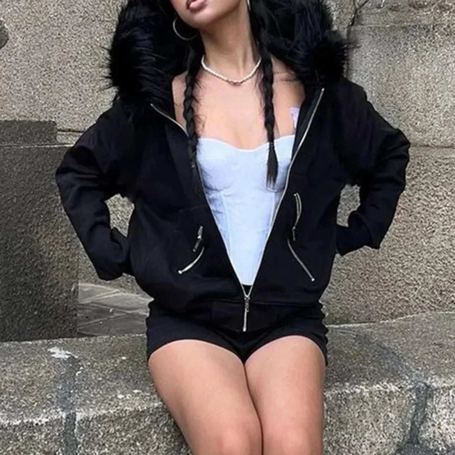 Dark Furry Collar Zip Hoodie image 1