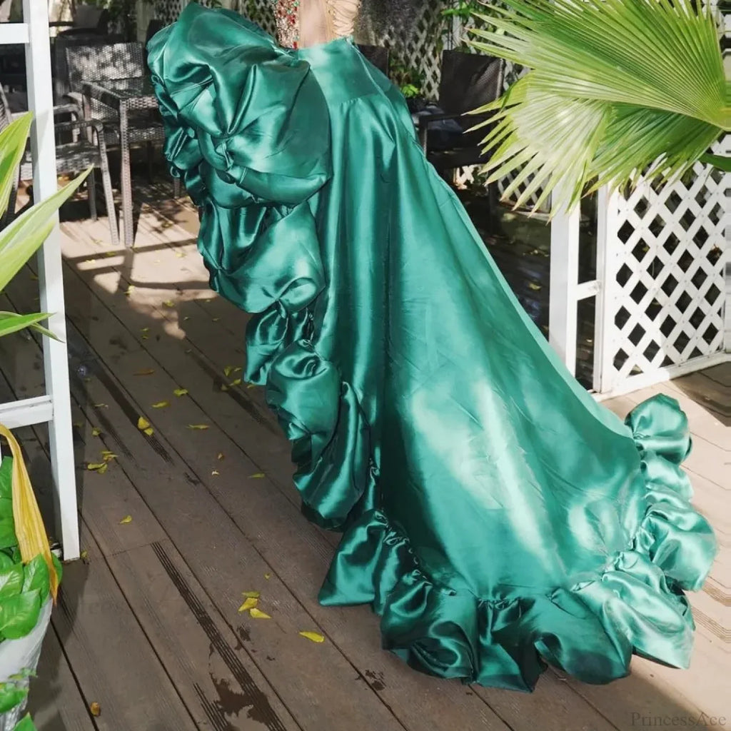 Dark Green High Low Skirt Ruffles Big Flowers Formal Wear image 4