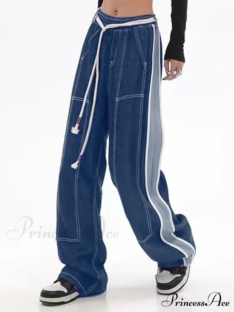 Dark Wash Belted Trendy Baggy Boyfriend Jeans image 4