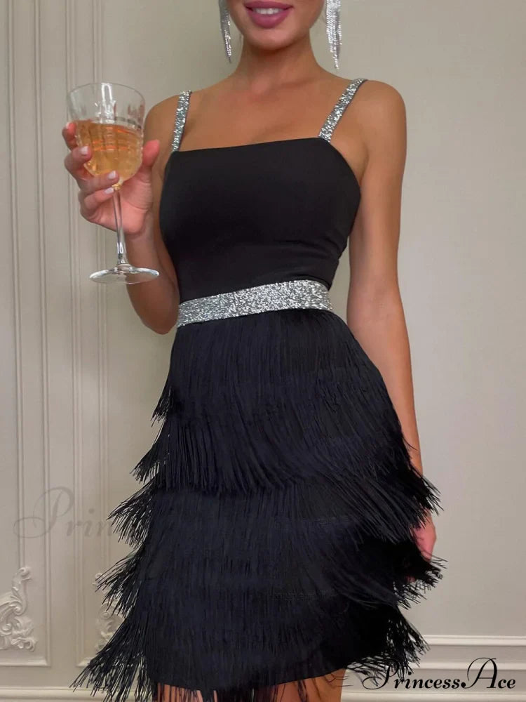 Date And Dinner Socialite Graceful Style Suspender Fringe Mini Dress image 3