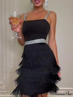 Date And Dinner Socialite Graceful Style Suspender Fringe Mini Dress image 3